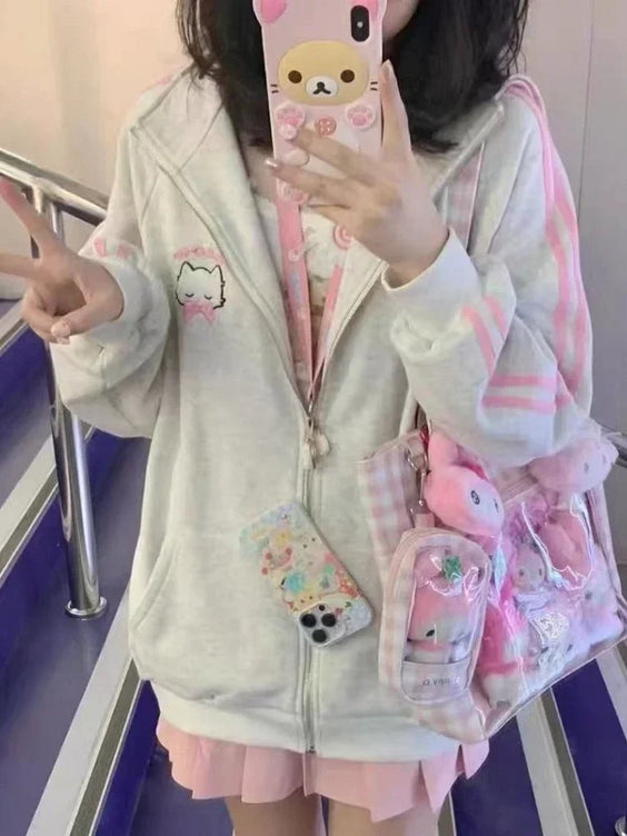 Harajuku Cat Embroidery Oversized Hoodie